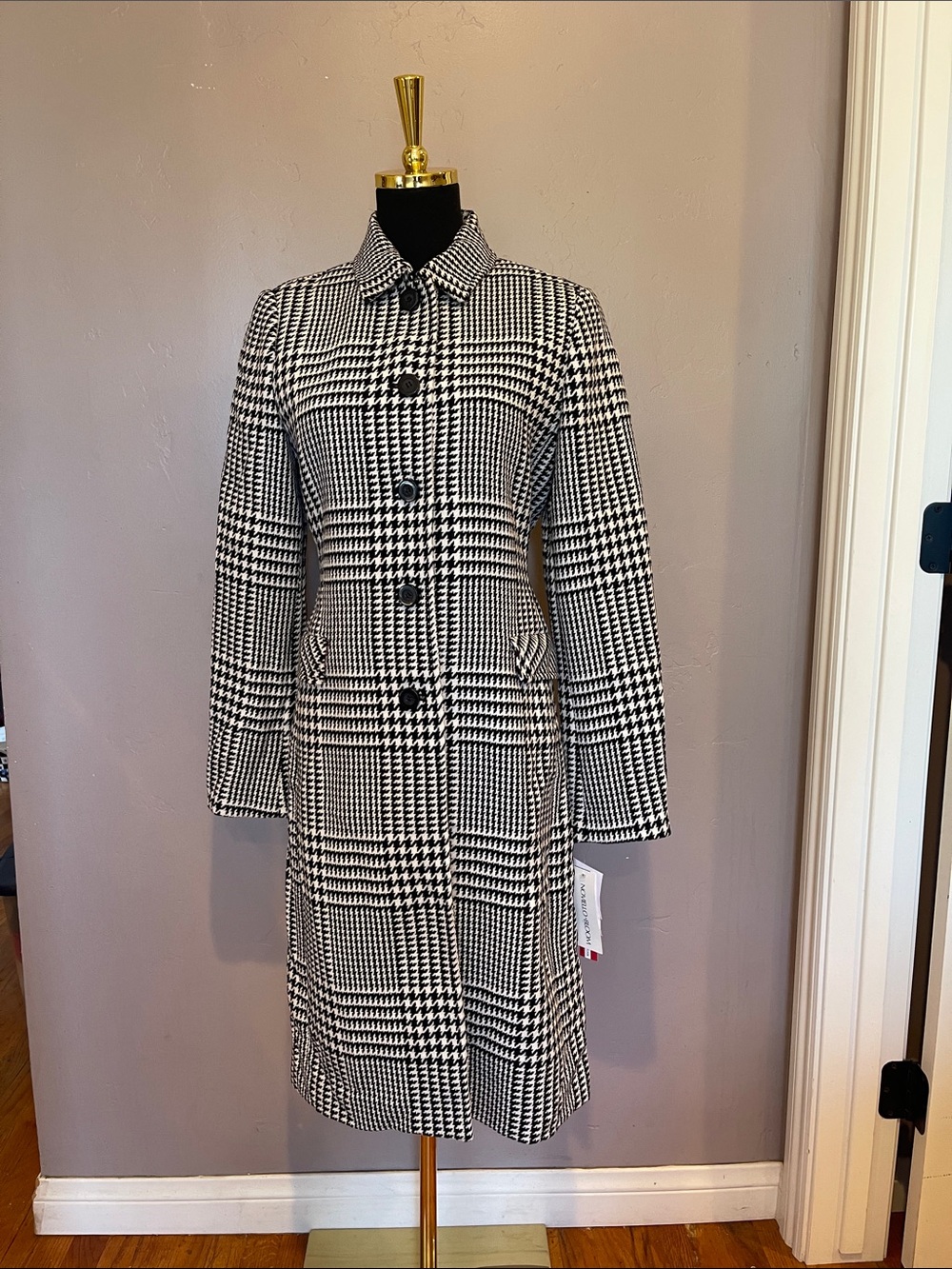 NWT Vtg Noviello-Bloom Black White Houndstooth Glen Plaid Topper Coat Size 4